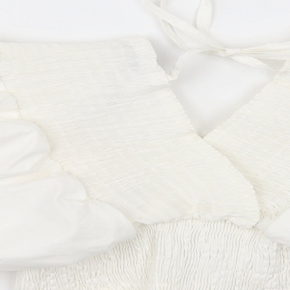 QED London Womens White Cotton Cropped Blouse Size S V-Neck