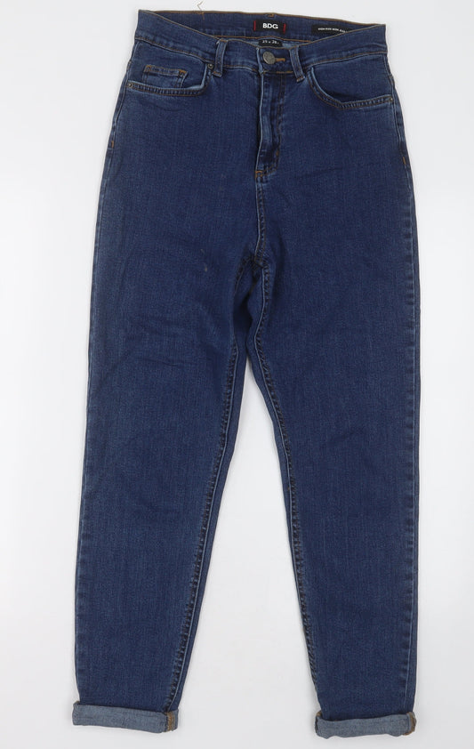Additional front view of BDG women’s blue cotton mom jeans, size UK 25, 28-inch leg regular button
