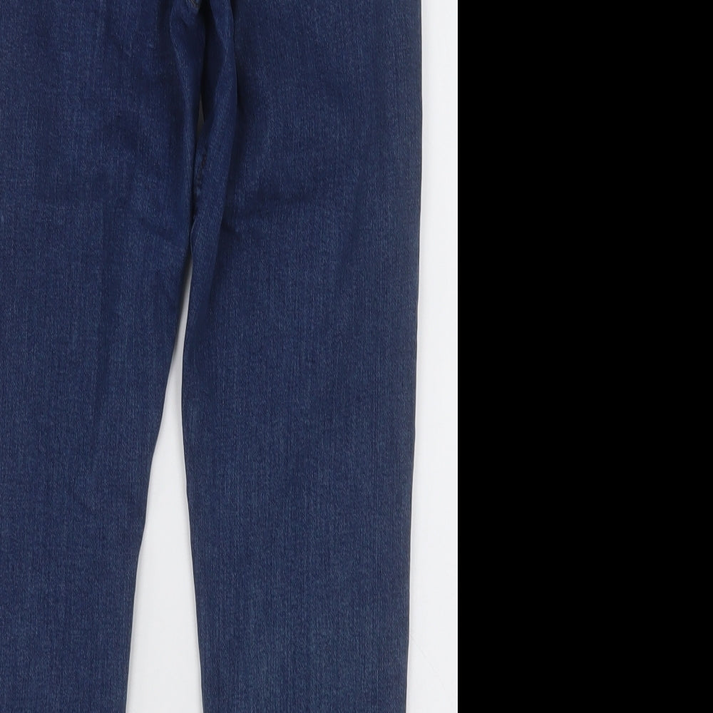 Brand and care label for BDG women’s blue cotton mom jeans, size UK 25, 28-inch leg regular button