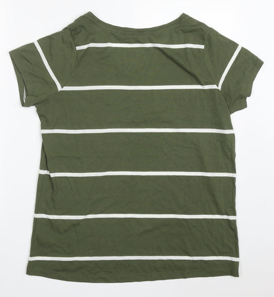 F&F Womens Green Striped Polyester Basic T-Shirt Size 14 V-Neck