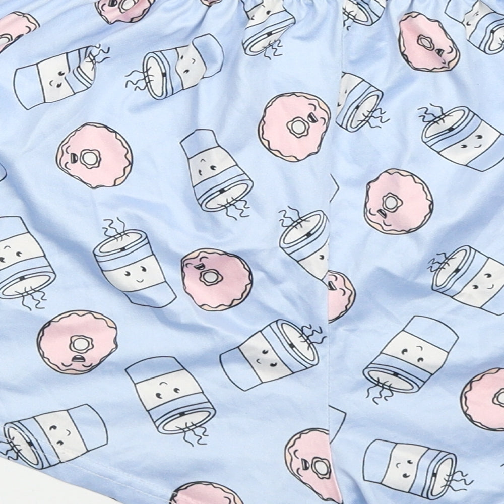 SheIn Womens Blue Polyester Sweat Shorts Size M Regular Drawstring - Doughnuts and Coffee Pyjama Shorts