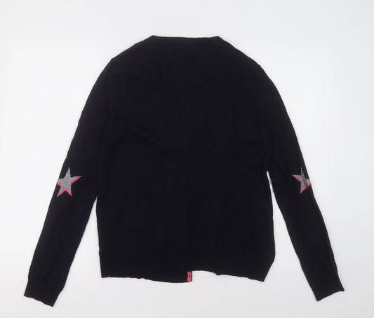 heyton Womens Blue Crew Neck Geometric Cotton Cardigan Jumper Size S - Star Pattern