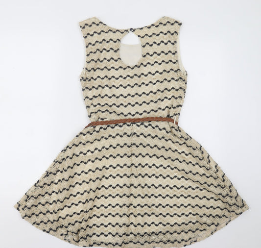 River Island Womens Beige Striped Polyester A-Line Size 10 Crew Neck Button