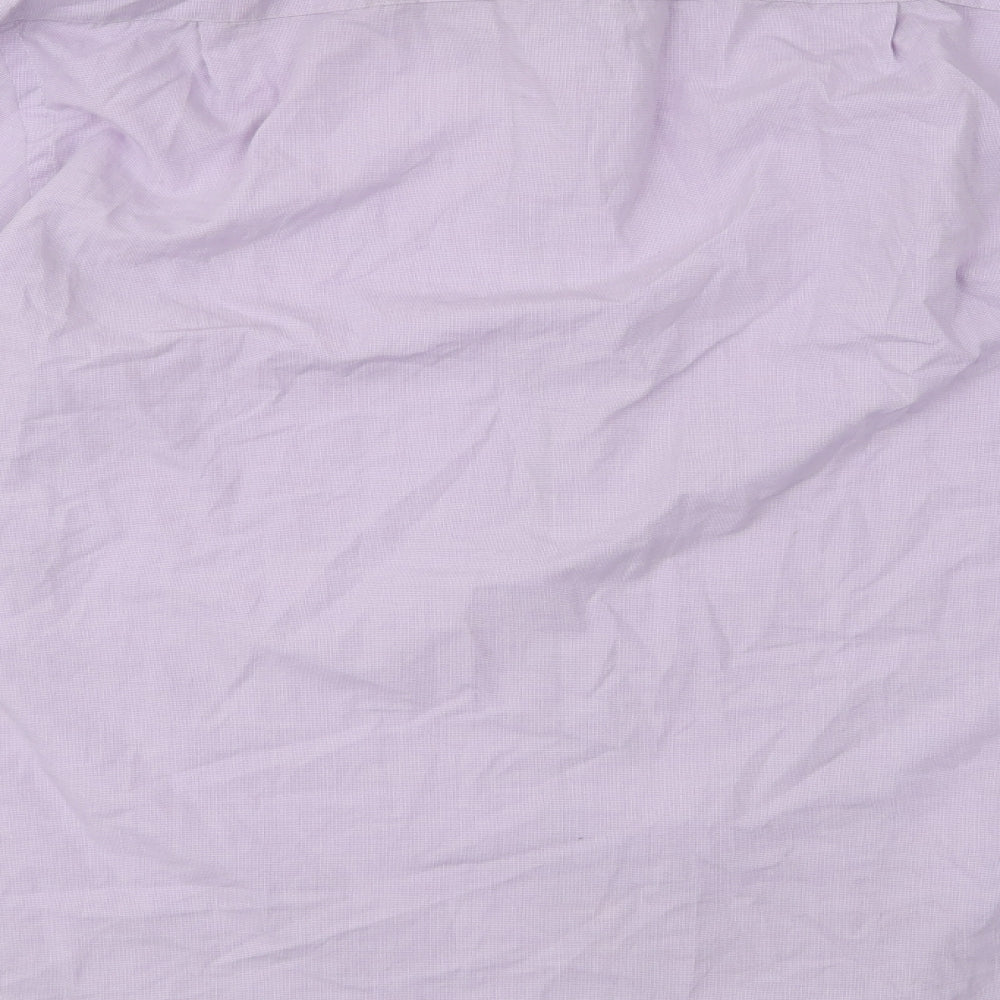Brand and care label for Taylor & Cutter men’s purple striped polyester dress shirt, size 16, collared button
