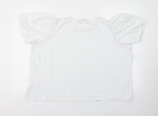 Dunnes Womens White 100% Cotton Basic T-Shirt Size 2XL Round Neck - Ruched Sleeves