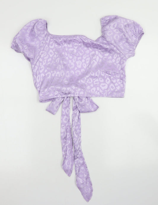 SheIn Womens Purple Animal Print Polyester Cropped Blouse Size S Scoop Neck - Puff Sleeve