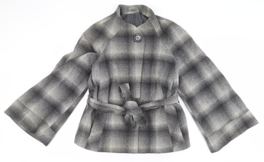 Additional front view of Et vous women’s grey check overcoat coat, size UK 12, - belted