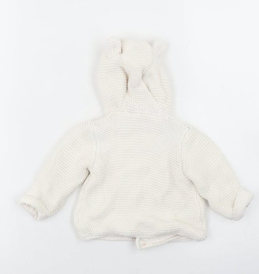M&S Girls White Cotton Cardigan Jumper Size 0-3 Months Button - Bear hood