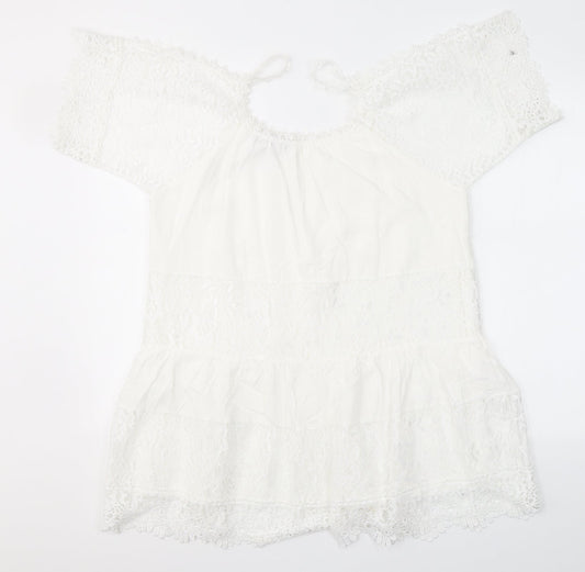 QED London Womens White Cotton Basic Blouse Size S Round Neck - Open Shoulder