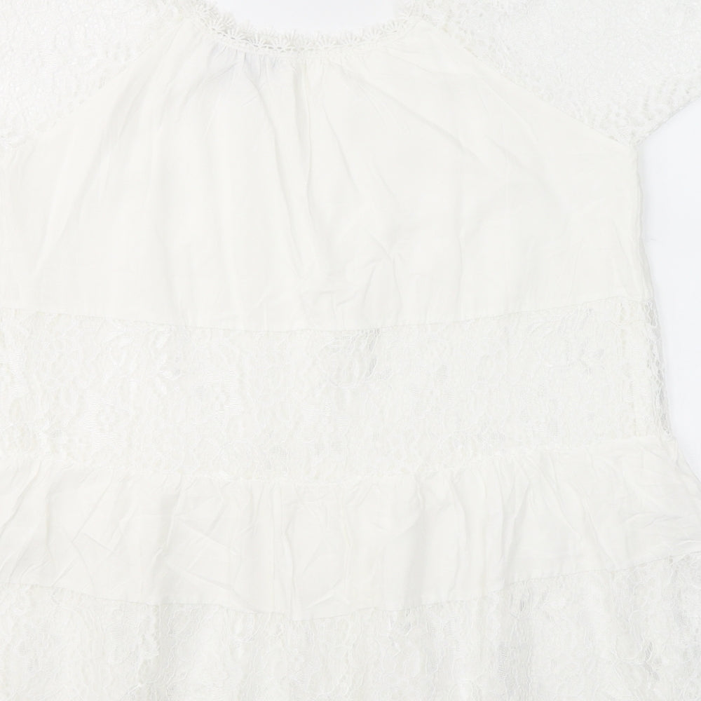 QED London Womens White Cotton Basic Blouse Size S Round Neck - Open Shoulder