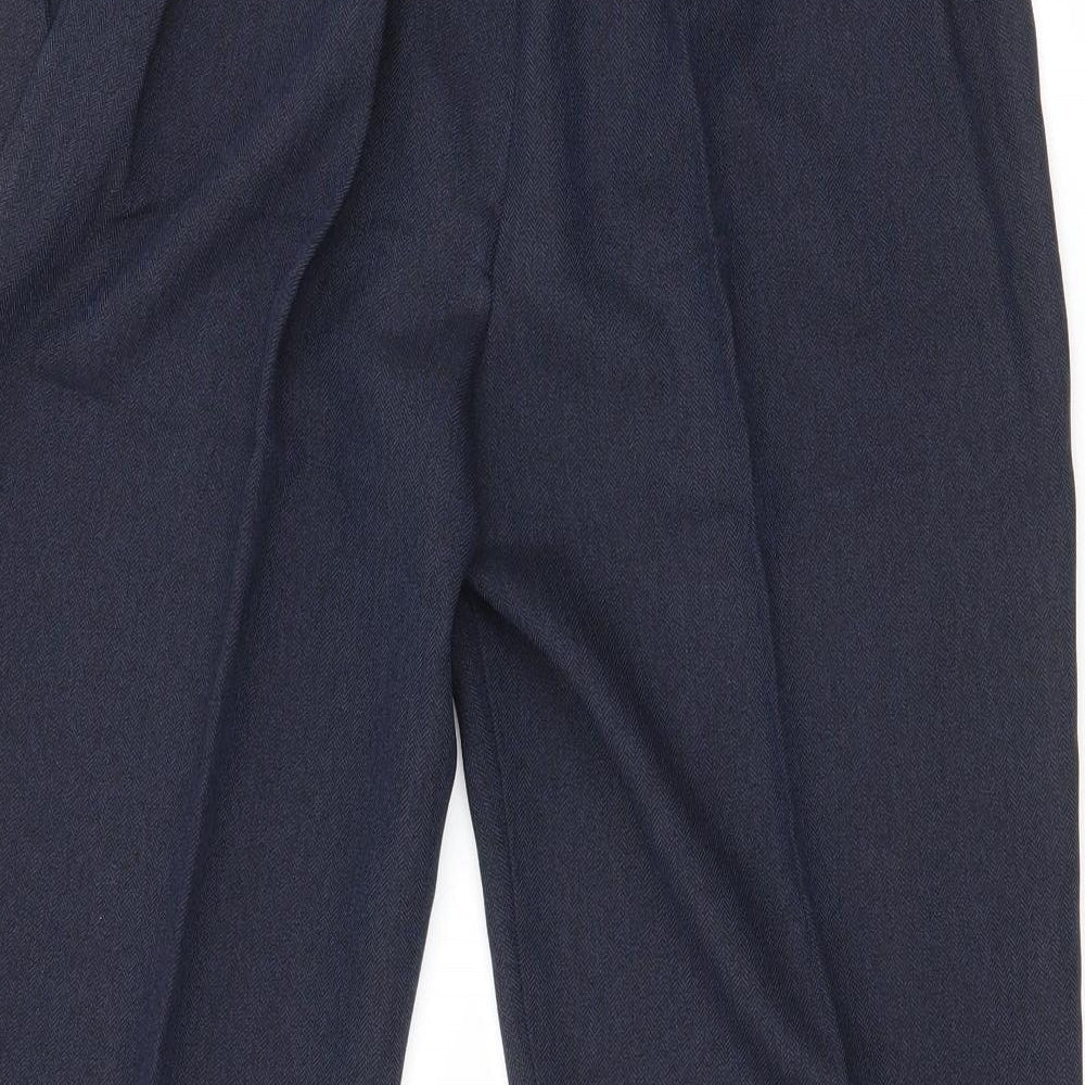 Brand and care label for First Avenue women’s blue polyester dress pants trousers, size UK 14, 25-inch leg regular