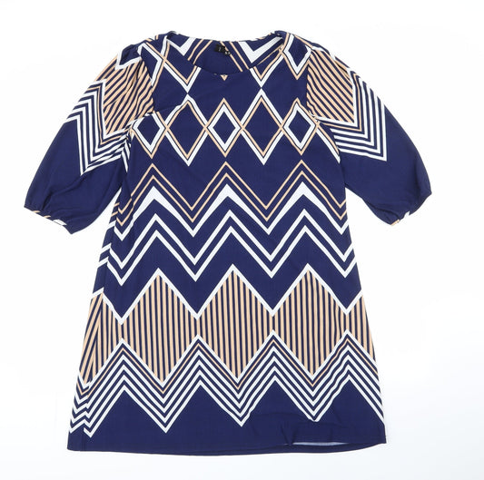 Additional front view of Izabel London women’s blue striped polyester shift, size UK 12, round neck pullover