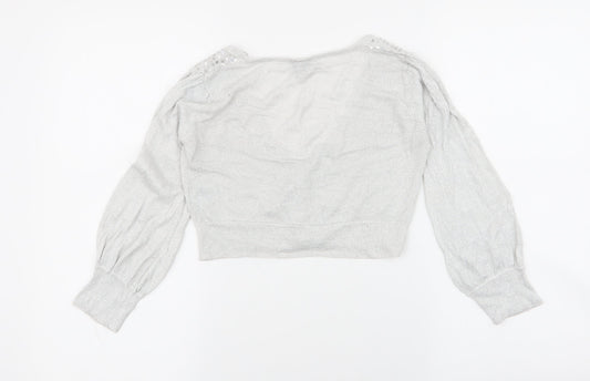 Back view of Bay women’s grey v-neck viscose cardigan jumper, size UK 6, - gem missing in button, cropped