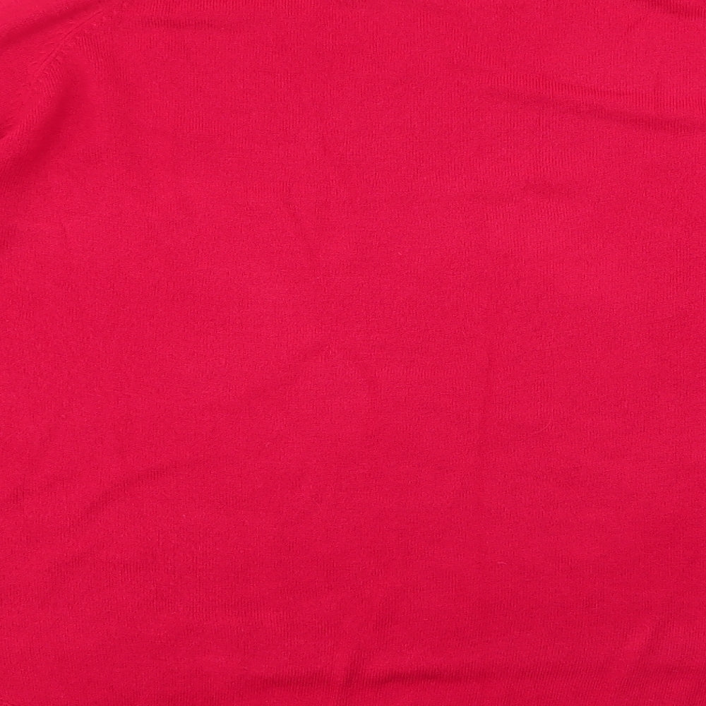 Brand and care label for Primark women’s red round neck acrylic jumper, size L, - button sleeve detail