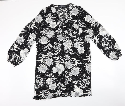 Additional front view of Studio women’s black floral polyester shirt dress, size UK 12, v-neck zip - polka dot