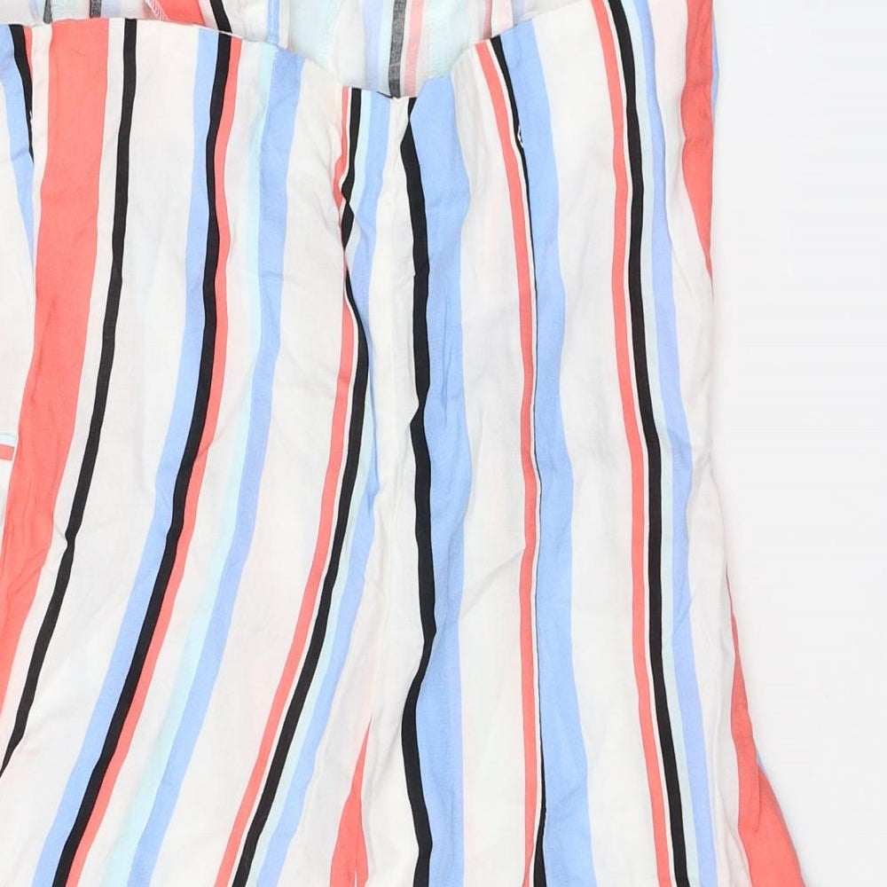 Brand and care label for Primark women’s multicoloured striped viscose playsuit one-piece, size UK 6, 3-inch leg button