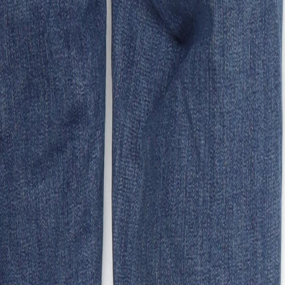 Brand and care label for Topshop women’s blue cotton skinny jeans, size UK 26, in, 26-inch leg regular button