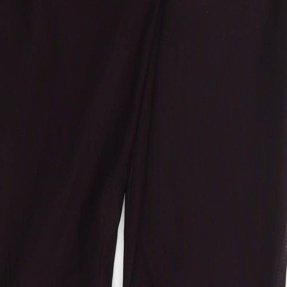 Brand and care label for H&M women’s purple polyester compression leggings, size S, 27-inch leg regular