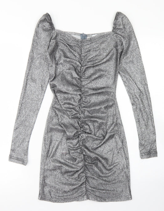 Additional front view of Femme Luxe women’s silver polyester bodycon, size S, sweetheart
