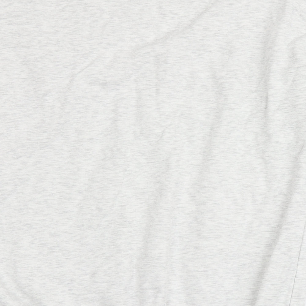 Brand and care label for H&M women’s grey cotton pullover sweatshirt, size S