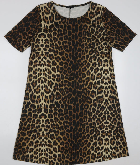 Additional front view of Peacocks women’s brown animal print polyester a-line, size UK 14, crew neck pullover