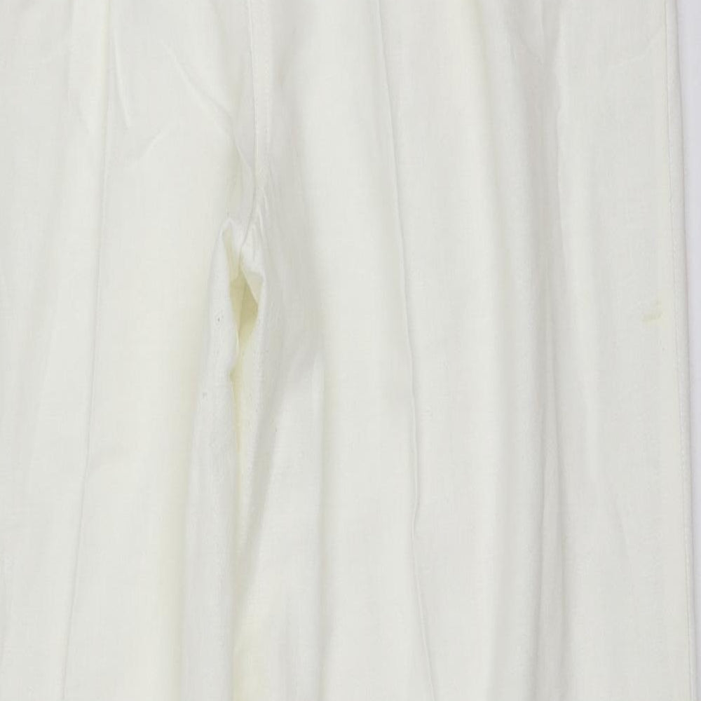 Brand and care label for Being Casual women’s white cotton trousers, size UK 18, 30-inch leg regular