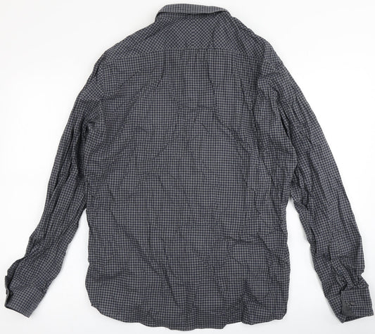 Autograph Mens Blue Check Polyester Button-Up Size L Round Neck Button