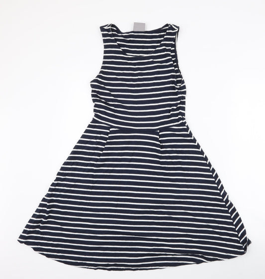 Additional front view of Vera Moda women’s blue striped polyester skater dress, size S, round neck pullover