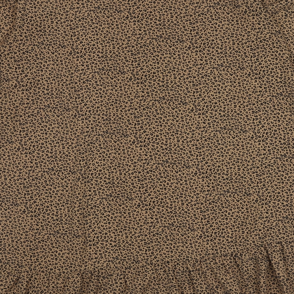 Brand and care label for AX Paris women’s brown animal print polyester a-line, size UK 10, crew neck button