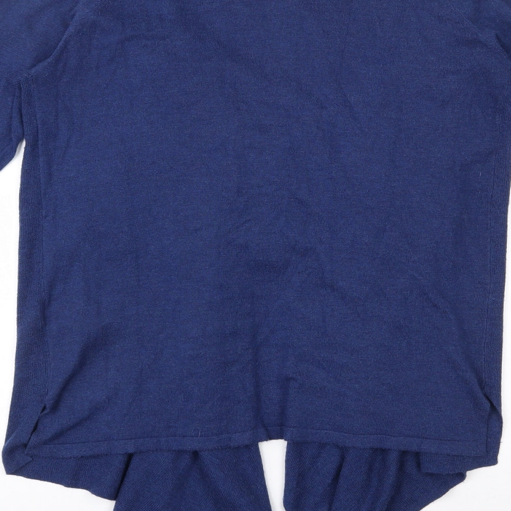 Brand and care label for F&F women’s blue v-neck polyester cardigan jumper, size UK 14