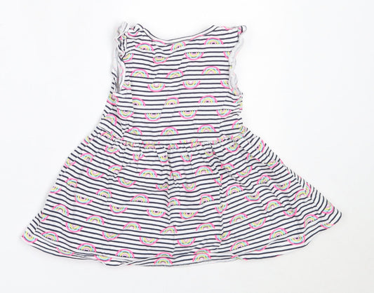 Primark Girls White Striped Cotton Fit & Flare Size 2-3 Years Round Neck