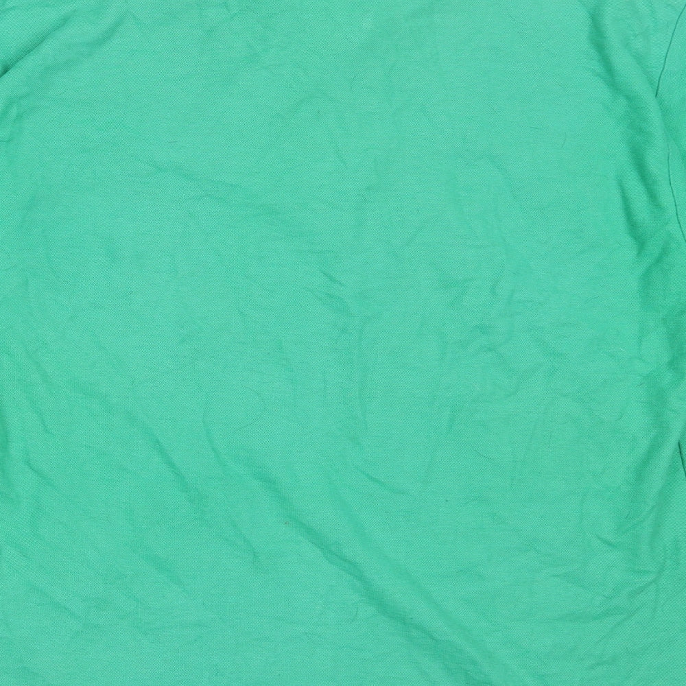 Brand and care label for UCC Collection men’s green cotton polo, size L, collared
