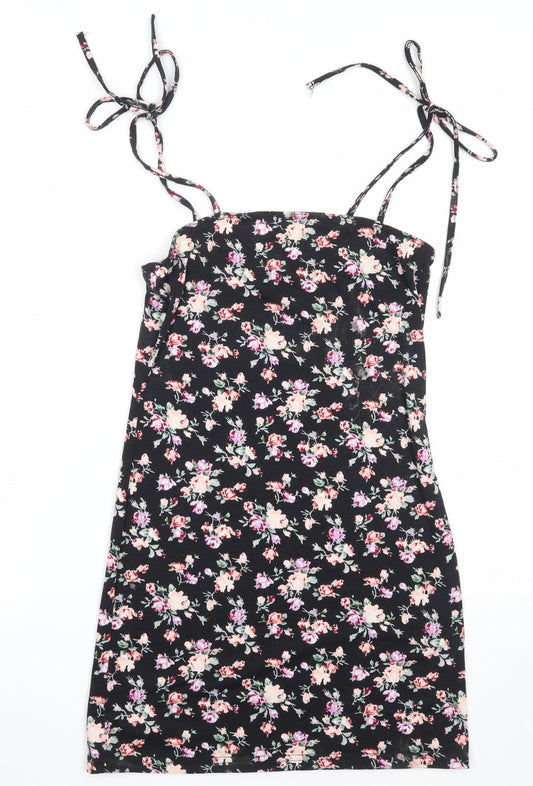 Additional front view of SHEIN women’s black floral polyester mini, size S, square neck