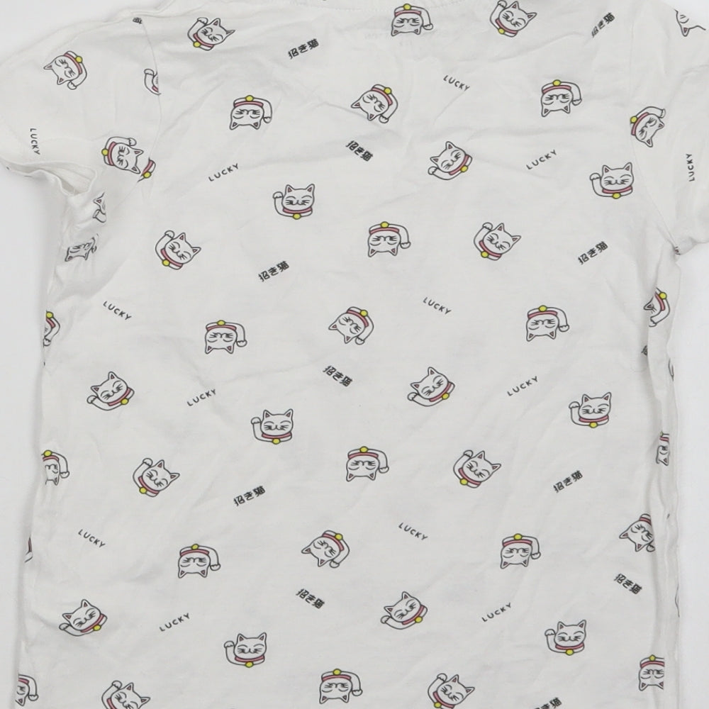 RESERVED Girls White Geometric Cotton Basic T-Shirt Size 6-7 Years Crew Neck - Lucky Cat