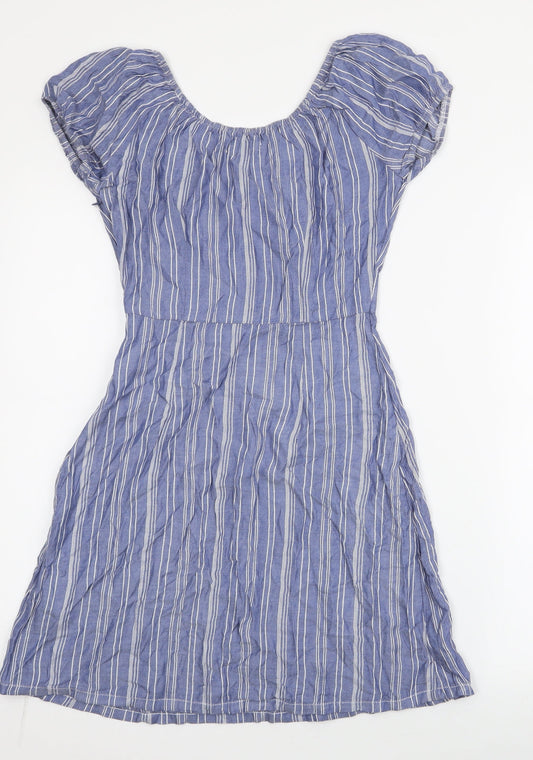Hollister Womens Blue Striped Viscose Skater Dress Size XS Off the Shoulder Zip