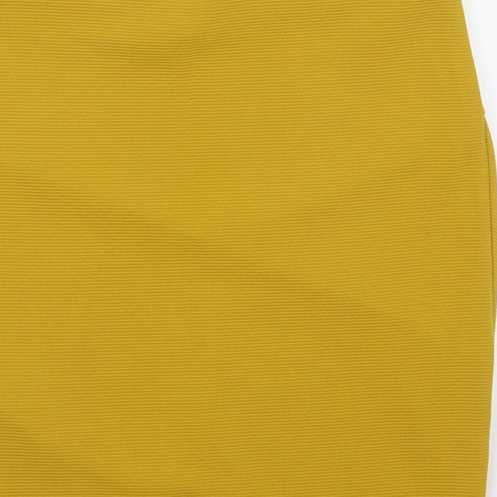Brand and care label for Forever 21 women’s yellow polyester wrap skirt, size S