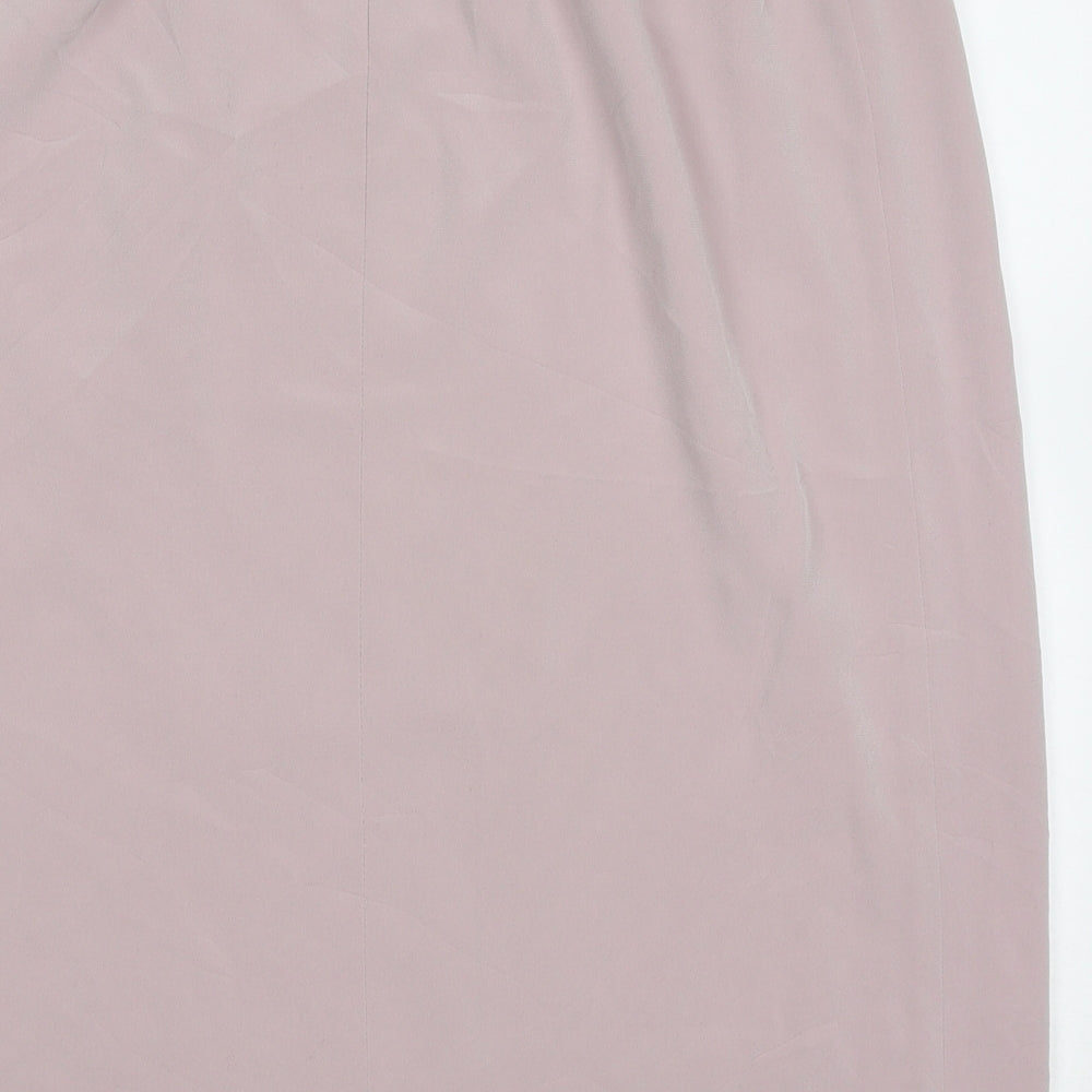 Brand and care label for Frank Usher women’s pink polyester a-line skirt, size UK 14