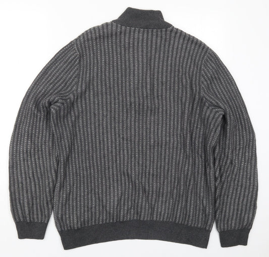 Marks and Spencer Mens Grey Mock Neck Striped Cotton Pullover Jumper Size M