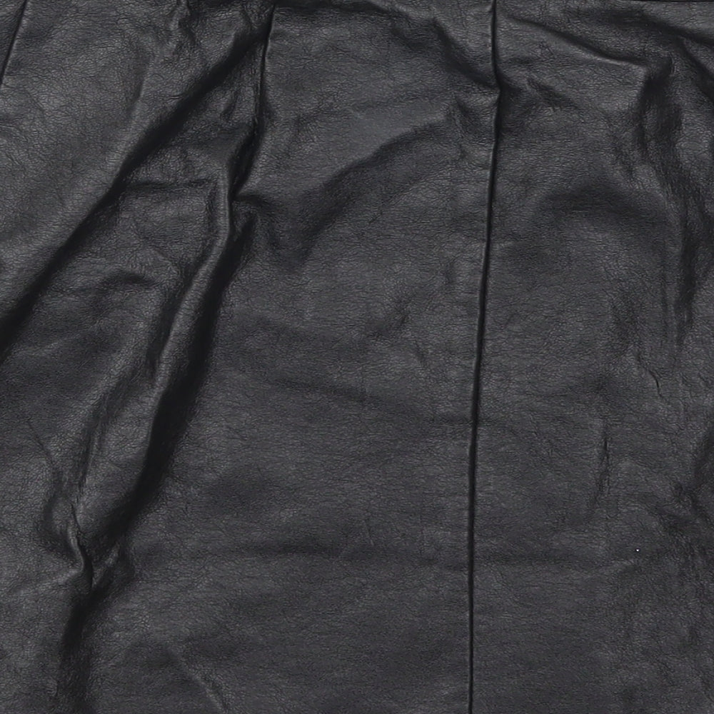 Brand and care label for New Look women’s black polyurethane a-line skirt, size UK 8, zip