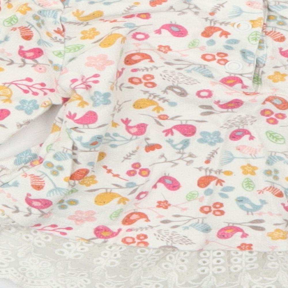 Mothercare Girls Ivory Floral Cotton Basic Blouse Size 3-6 Months Crew Neck Snap - Lace Hem