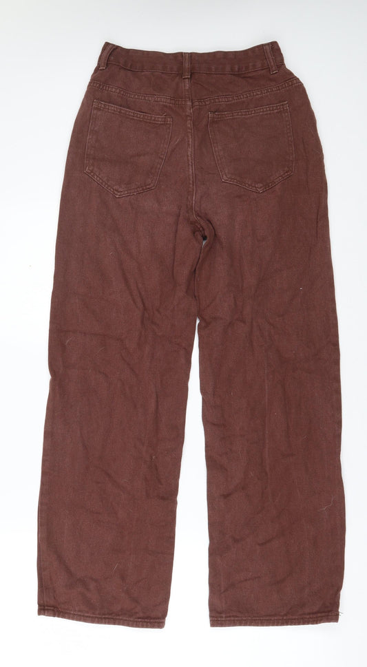 Back view of SHEIN women’s brown cotton straight jeans, size XS, 27-inch leg regular zip