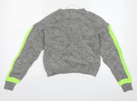 Primark Womens Grey Crew Neck Striped Acrylic Pullover Jumper Size 8