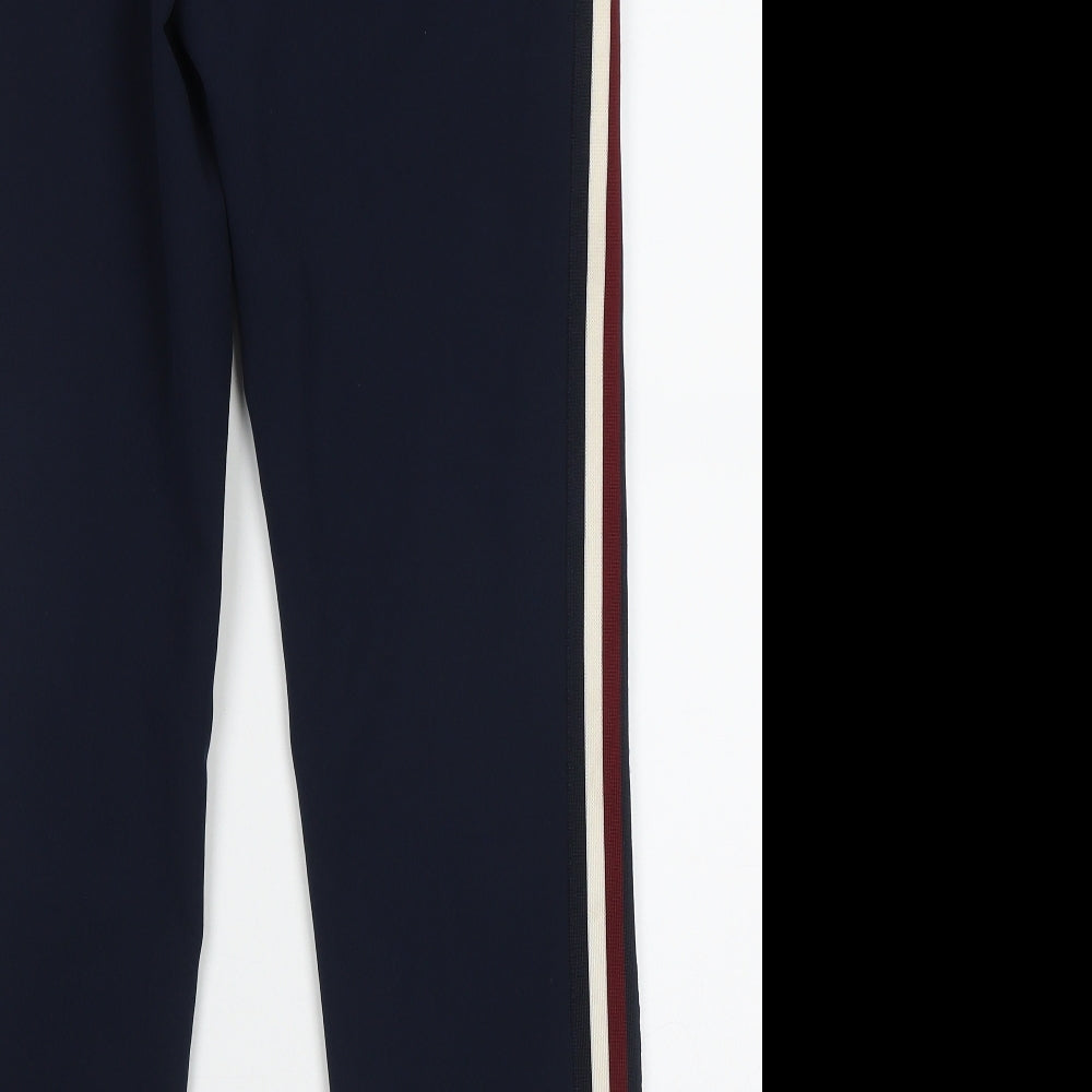 Brand and care label for Autograph women’s blue striped polyester trousers, size UK 8, 28-inch leg regular hook & eye