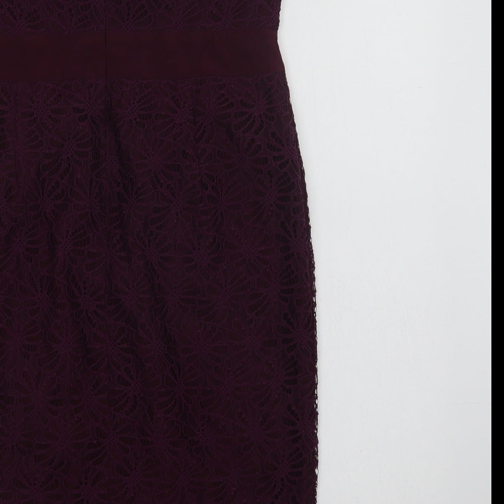 Fever London Womens Purple Nylon Pencil Dress Size 14 Off the Shoulder Zip - Lace Overlay