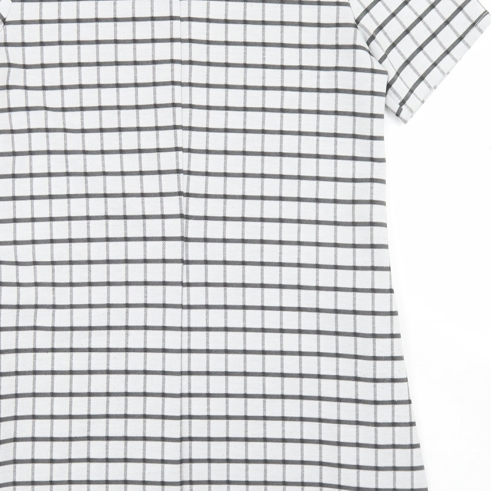 Brand and care label for Papaya women’s white check polyester pencil dress, size UK 10, crew neck