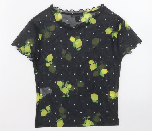 Primark Womens Black Geometric Polyester Cropped T-Shirt Size 4 Crew Neck - Lemon print