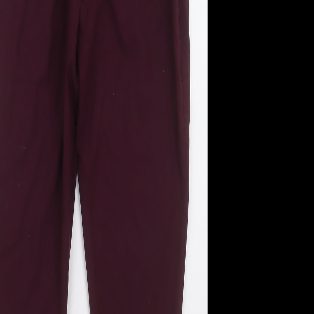 Brand and care label for New Look women’s purple polyester trousers, size UK 6, 27-inch leg regular hook & eye