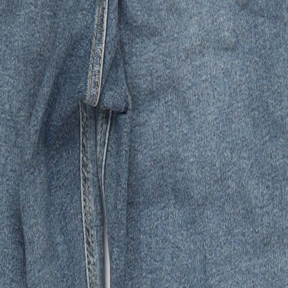 Brand and care label for Topshop women’s blue cotton skinny jeans, size UK 29, in, 25-inch leg regular button