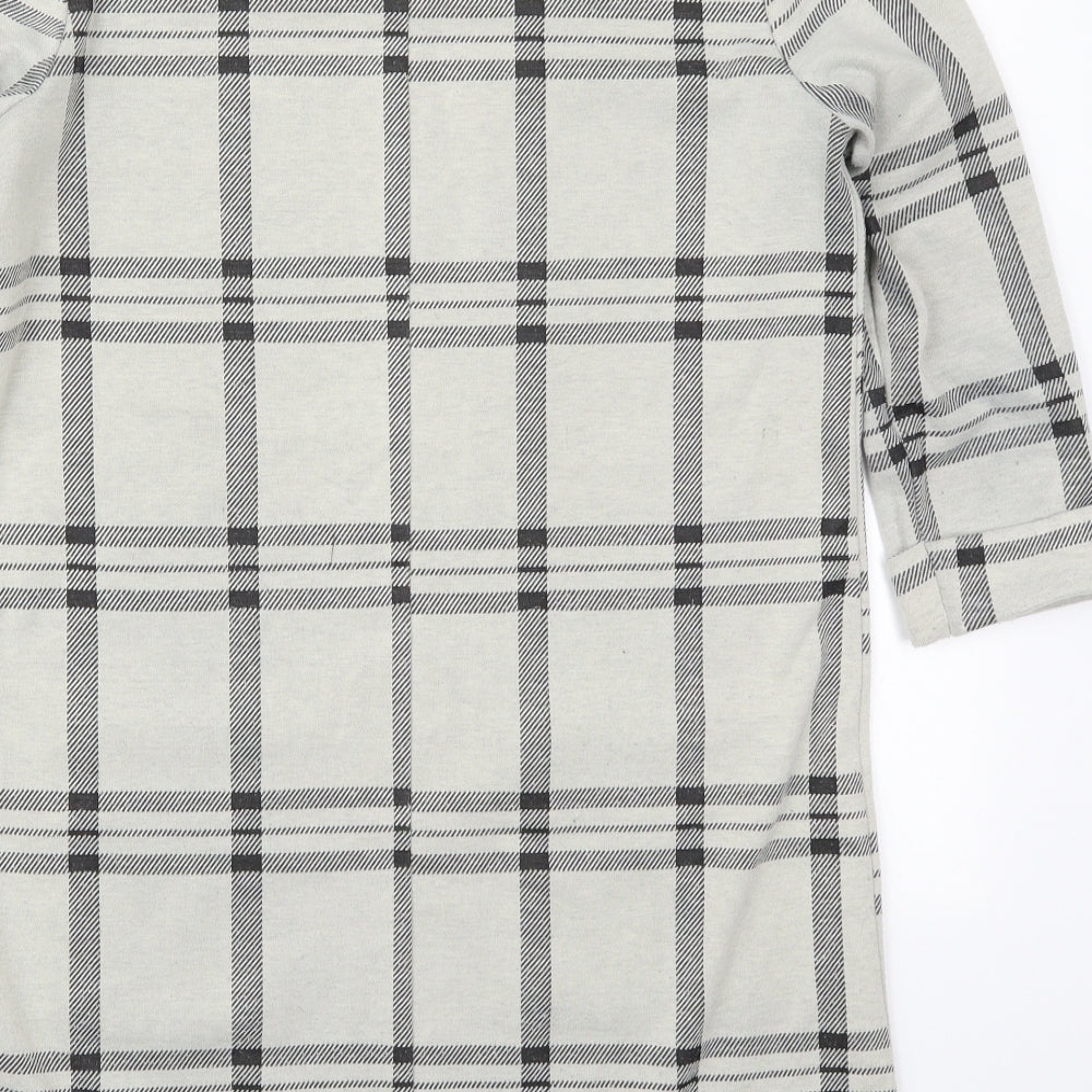Brand and care label for Primark women’s grey check polyester t-shirt dress, size UK 10, round neck pullover
