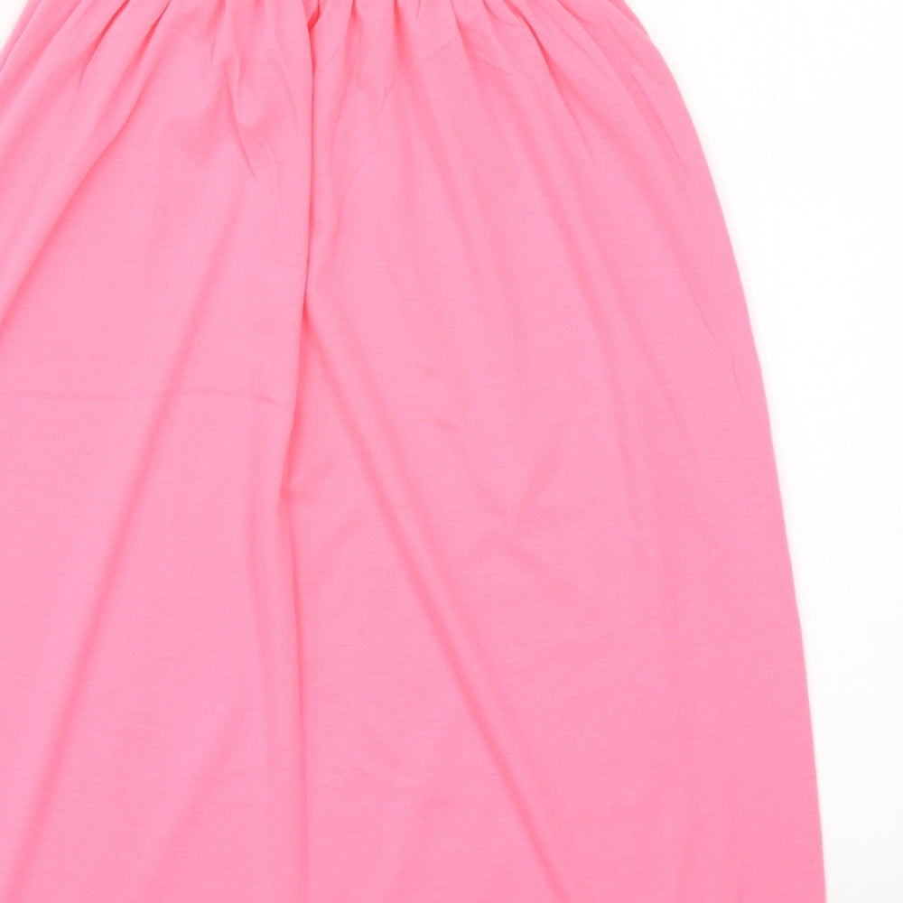 Brand and care label for Boohoo women’s pink viscose skater dress, size UK 8, round neck pullover